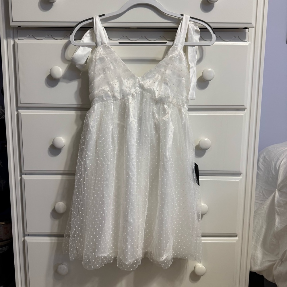 NWT Elegant White Polka-Dot Babydoll Dress